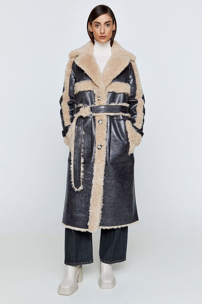 Reversible belted faux leather and shearling coat - GEELIST