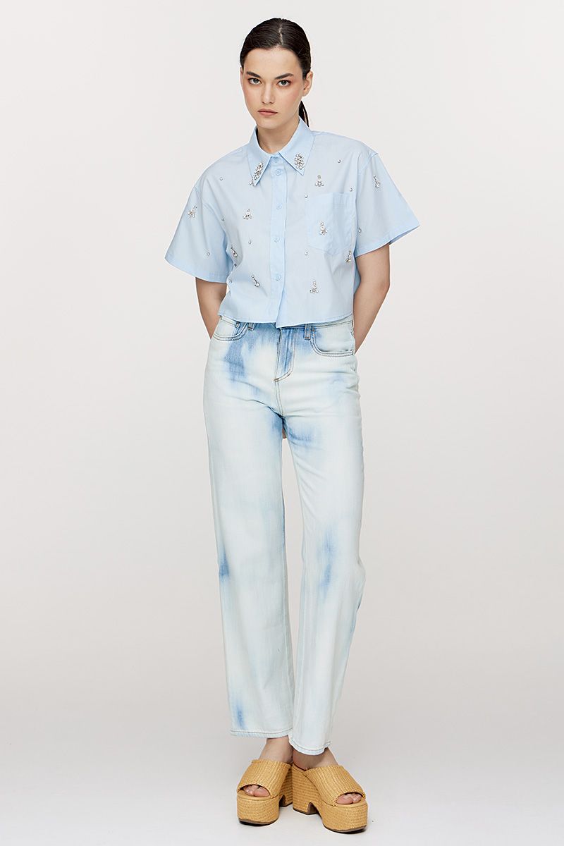 Cropped poplin shirt embellished with strass