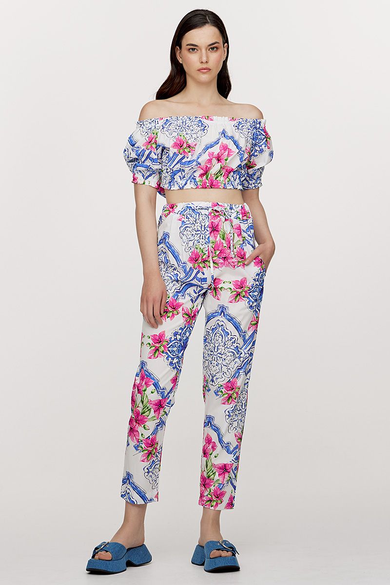 Cotton -poplin floral print pants