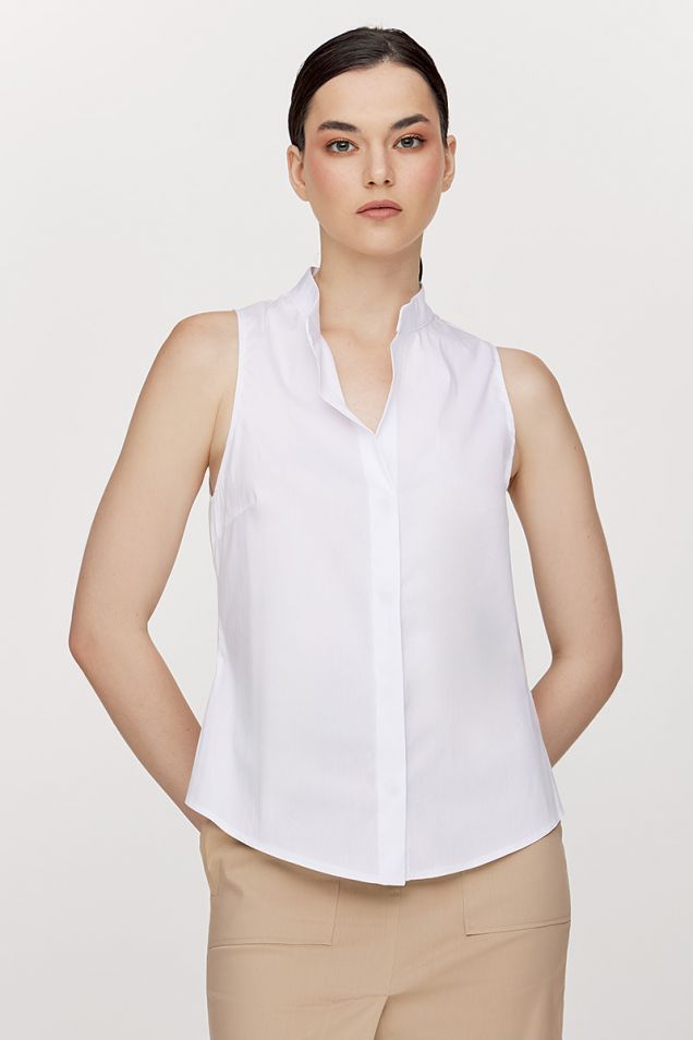 Sleeveless poplin shirt with mandarin collar