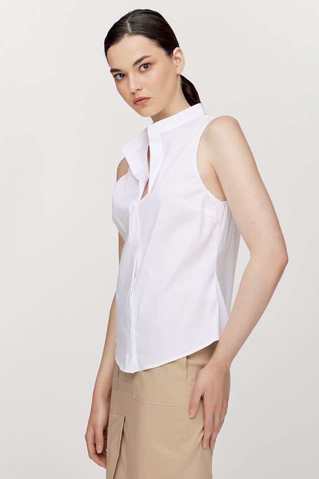 Sleeveless poplin shirt with mandarin collar