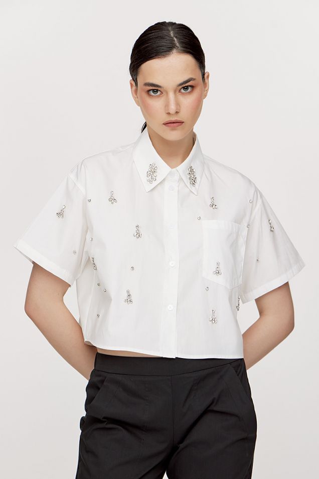 Cropped cotton-poplin shirt embellished with strass