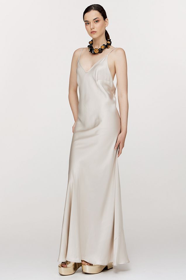 Slip-dress in ivory satin with open back 
