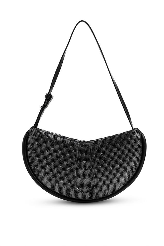 Small shoulder bag in vegan fabric embellished with black strass