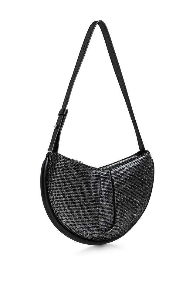 Small shoulder bag in vegan fabric embellished with black strass