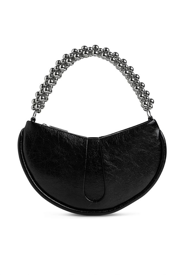 Small rounded shoulder bag with handle embellished with silver beads