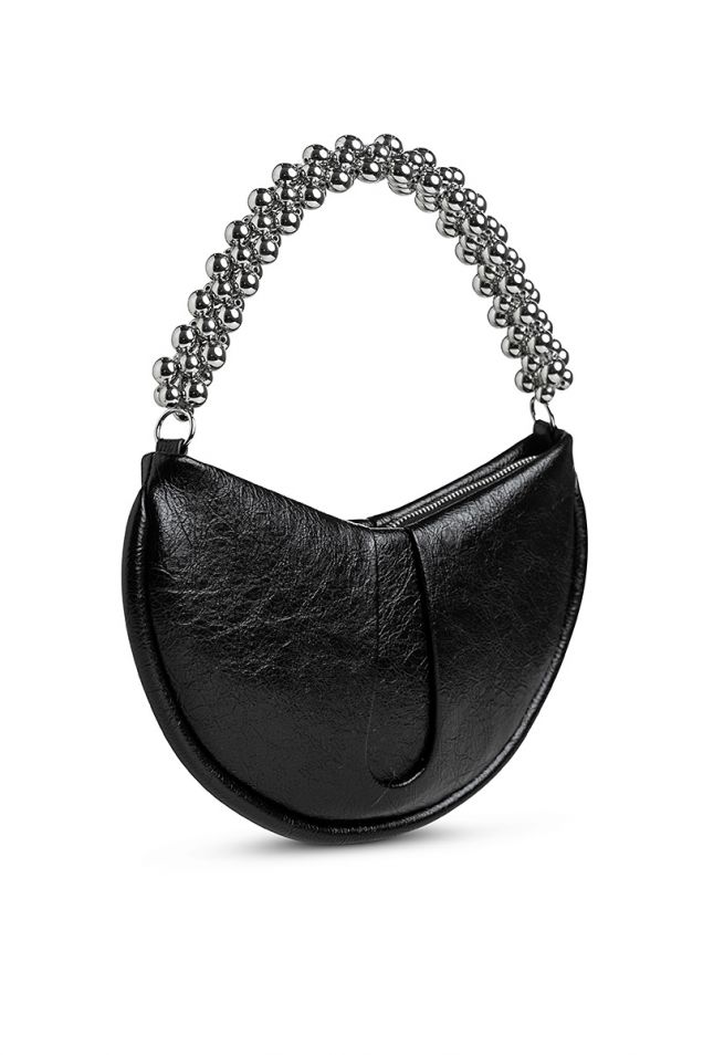 Small rounded shoulder bag with handle embellished with silver beads