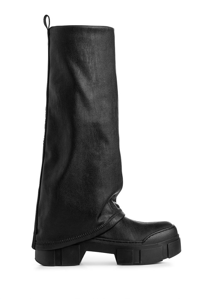 Black stretch faux leather tubular boots