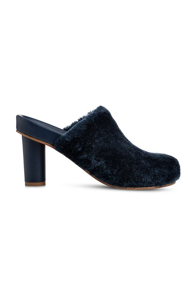 Mules από συνθετικό shearling σε navy blue