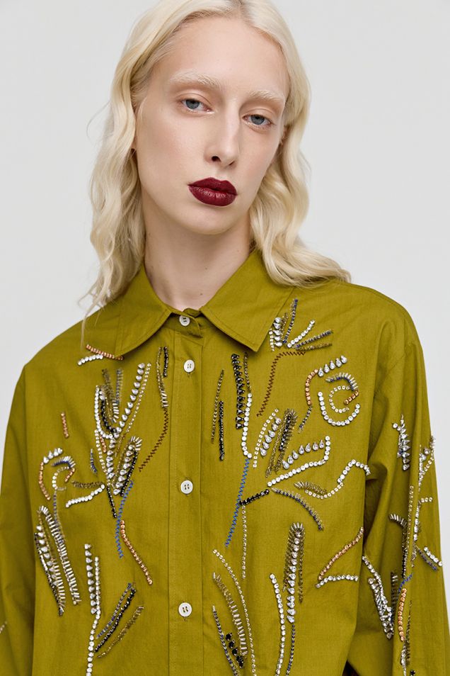 Cotton poplin shirt embellished with sequined embroideries