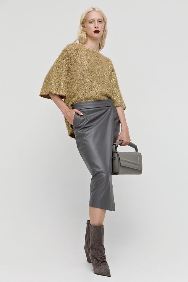 Midi skirt with wrap effect in synthetic leather 