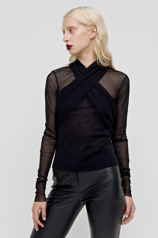 Draped stretch tulle top in black 