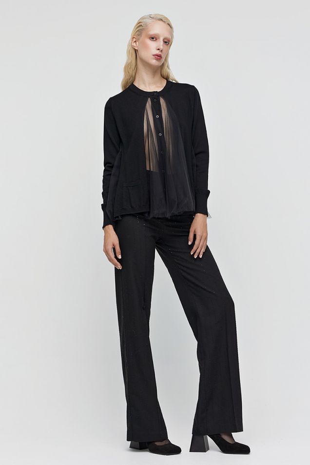 Straight-leg pants in black embellished with small sequins