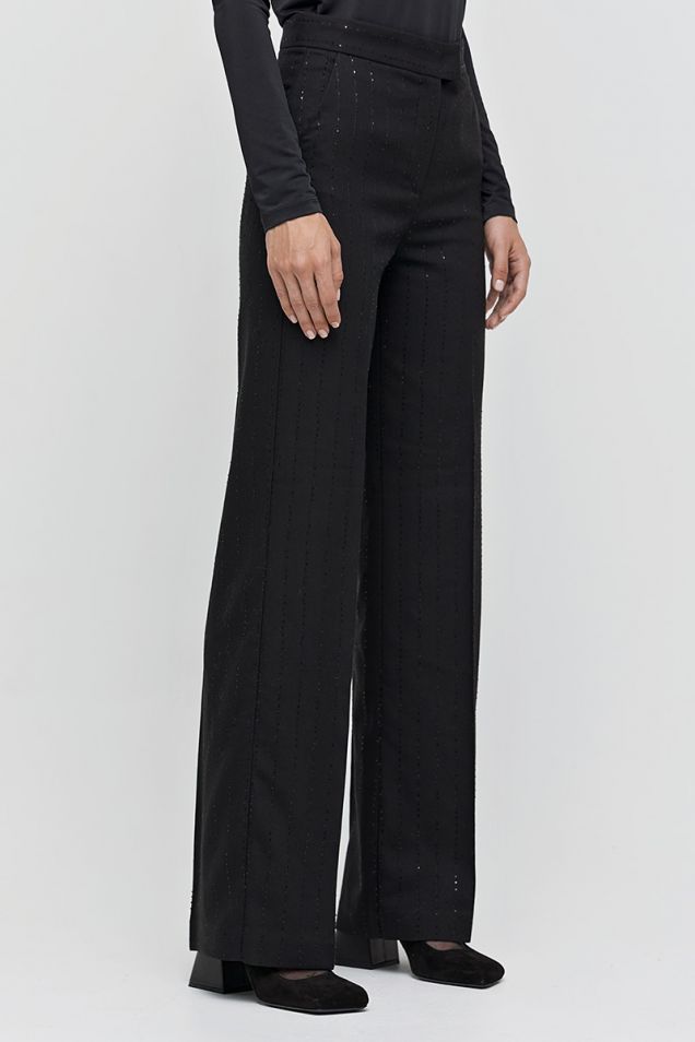 Straight-leg pants in black embellished with small sequins