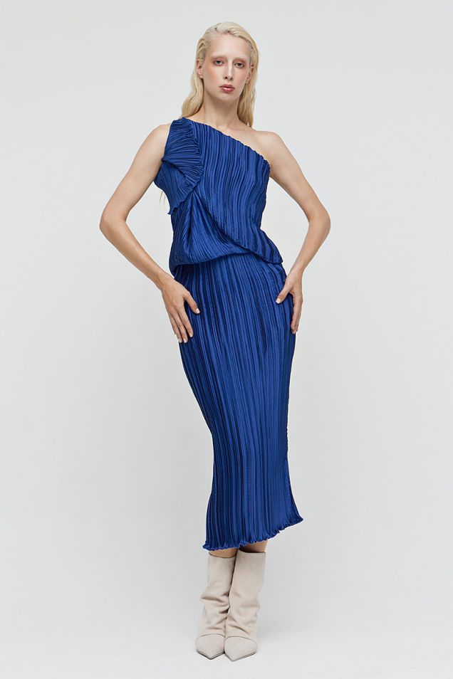 One-shoulder midi pleated dress