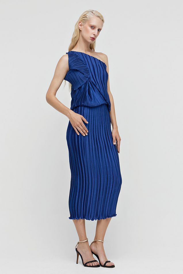 One-shoulder midi pleated dress