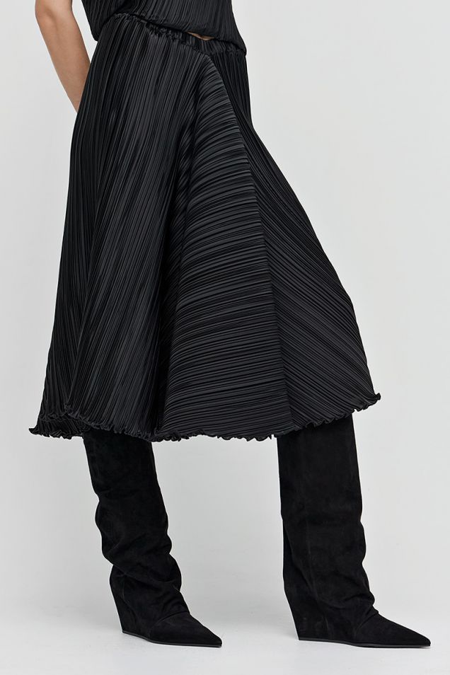 Pleated asymmetric skirt