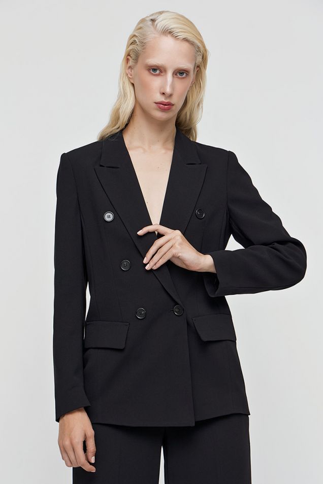 Double-breasted blazer in crepe satin with faux horn buttons