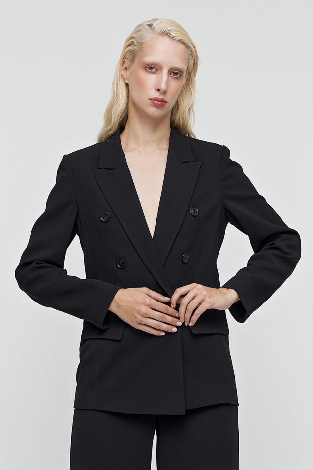 Double-breasted blazer in crepe satin with faux horn buttons