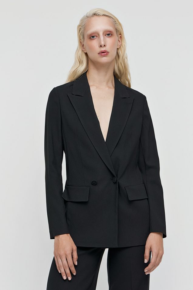 Lined double-breasted blazer in stretch viscose crepe with coated buttons